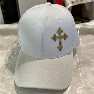 White Cap with Gold Cross Design